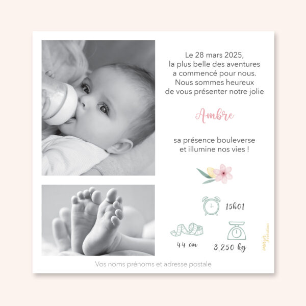 faire-part naissance fille fleurs rose blanc