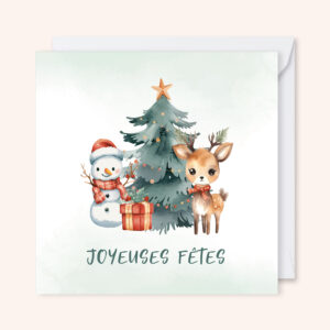 carte de voeux illustration aquarelle noël rennes sapin bonhomme de neige