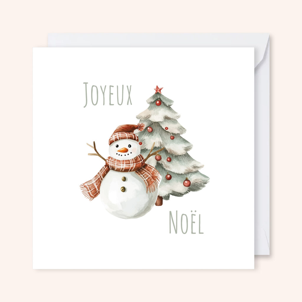 carte de voeux illustration aquarelle noël bonhomme de neige sapin