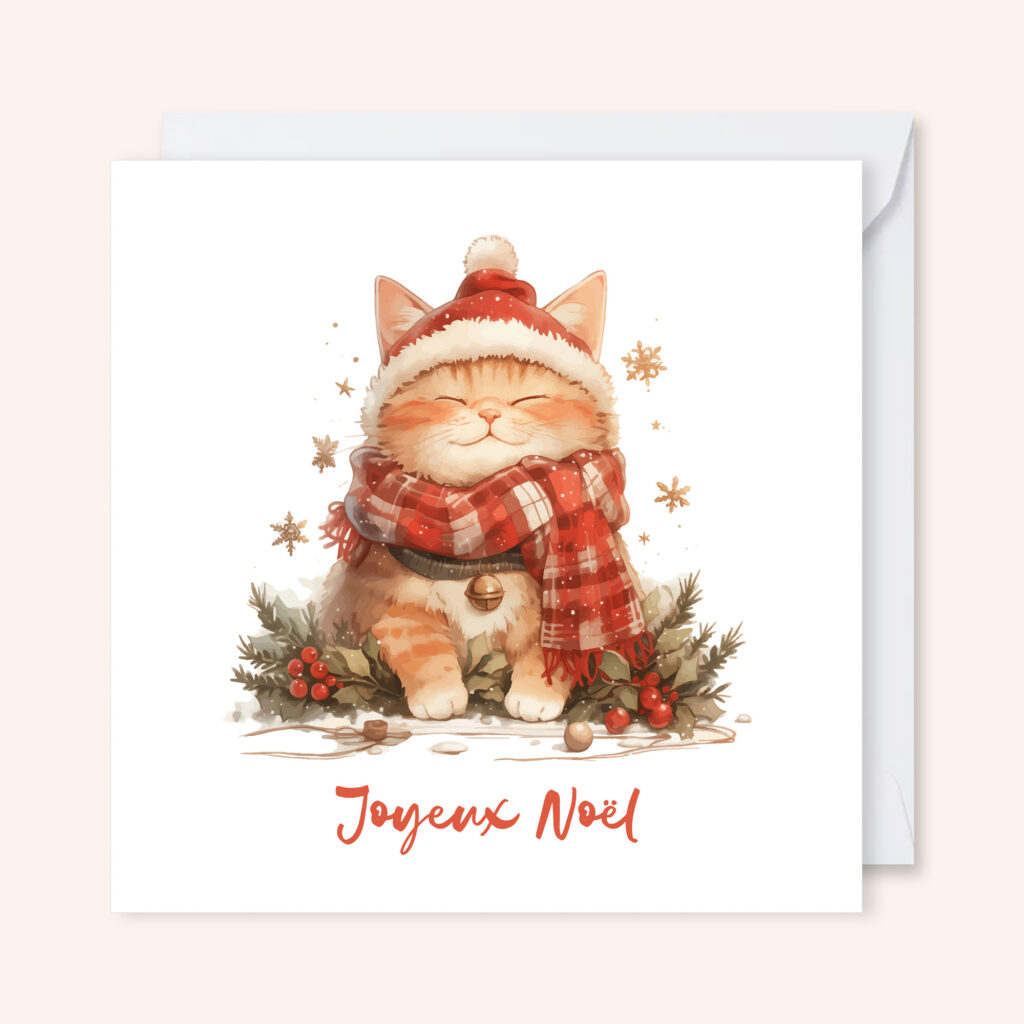 carte de voeux illustration aquarelle noël chat