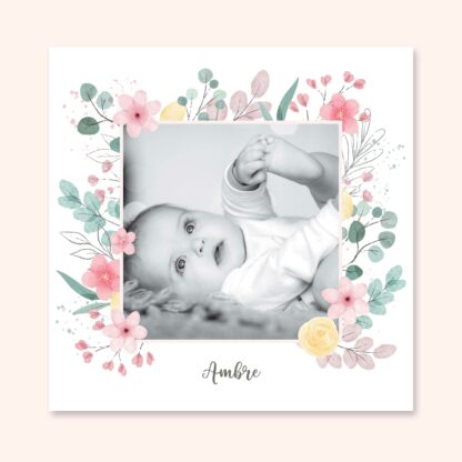 Faire-part de naissance fleuri fleurs pastels fille rose