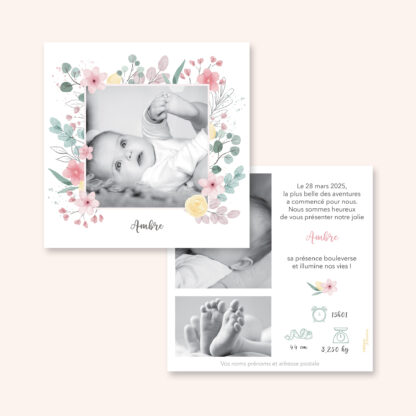 Faire-part de naissance fleuri fleurs pastels fille rose