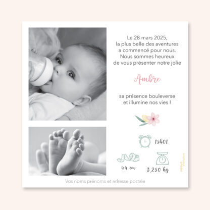 Faire-part de naissance fleuri fleurs pastels fille rose
